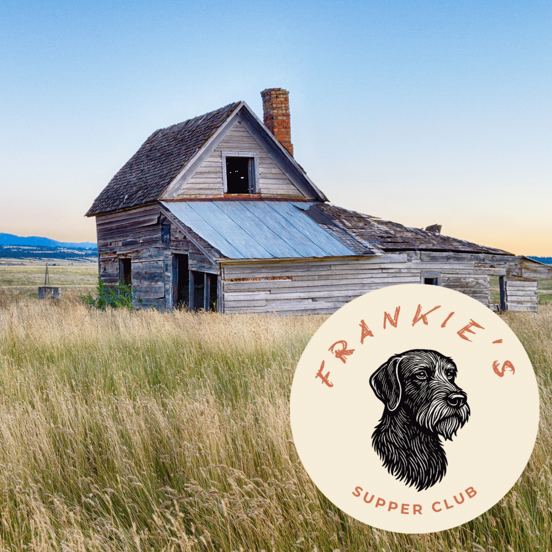Abandoned house in a field with 'Frankie's Supper Clubs' logo.